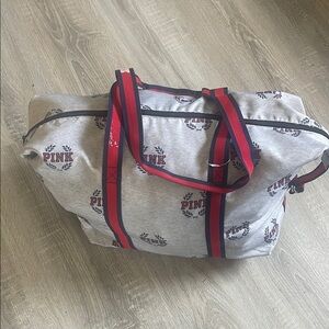 PINK Victoria's Secret Gray Logo Weekend Tote with Red & Navy Straps